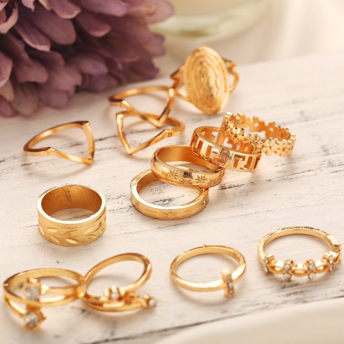 (13 Piece) Medallion Ring Set With Austrian Crystals 18K Gold Plated Ring ITALY Design