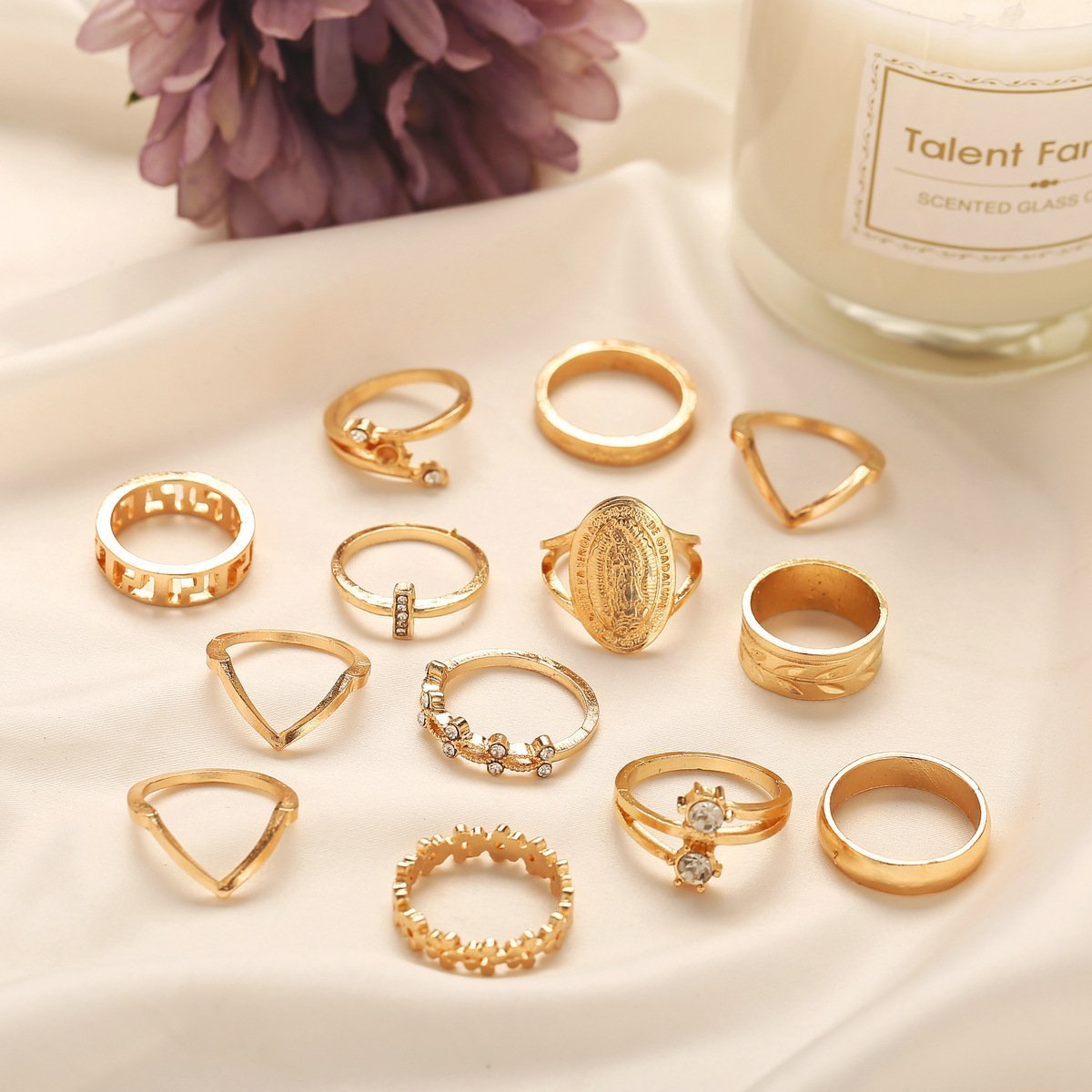 (13 Piece) Medallion Ring Set With Austrian Crystals 18K Gold Plated Ring ITALY Design