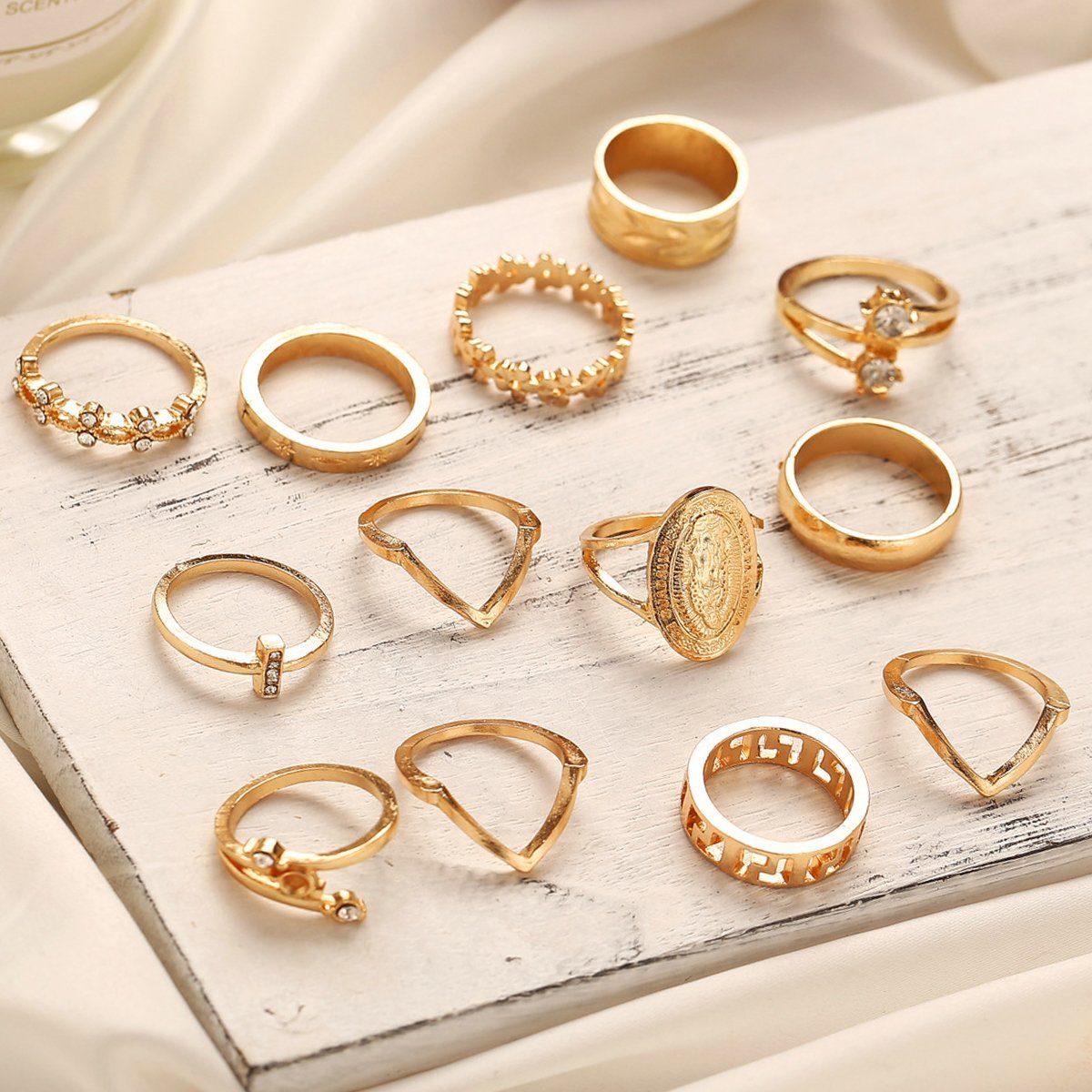 (13 Piece) Medallion Ring Set With Austrian Crystals 18K Gold Plated Ring ITALY Design