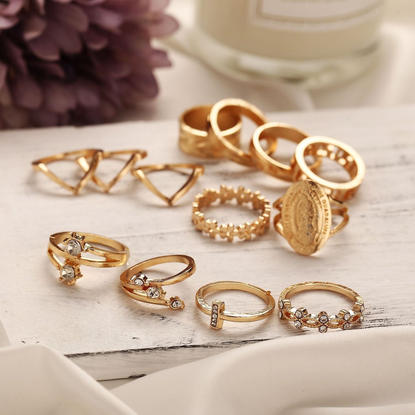 (13 Piece) Medallion Ring Set With Austrian Crystals 18K Gold Plated Ring ITALY Design